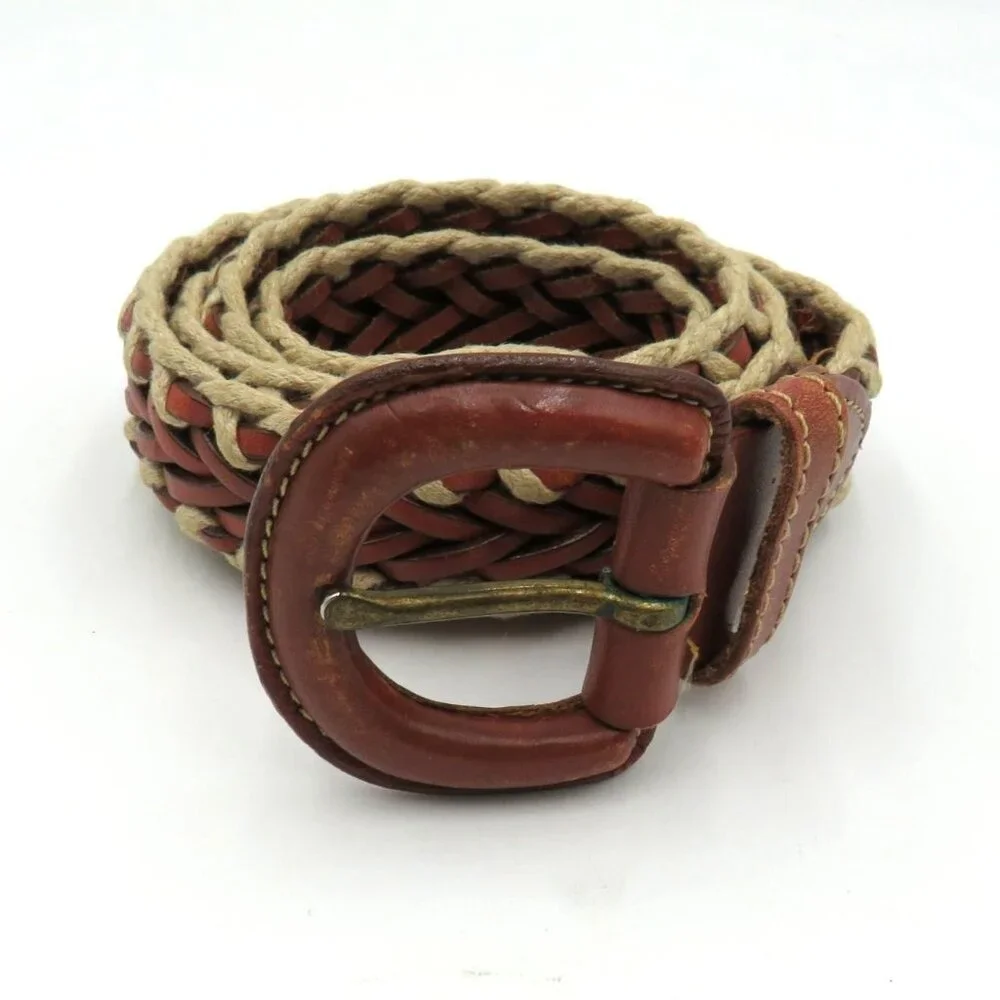 Woven Belt Womens Sz Medium Braided Genuine Leather Cotton Tan Brown Boho Hippie